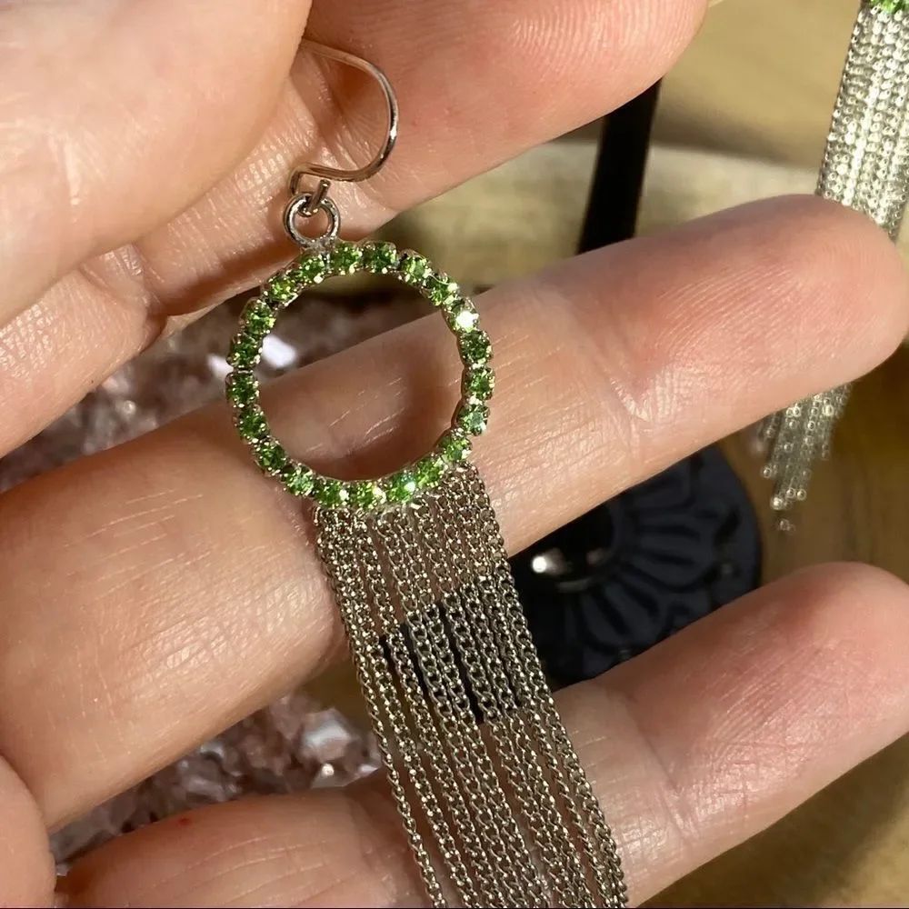 Green Rhinestones Silver Multi Chain Earrings - Picture 6 of 6